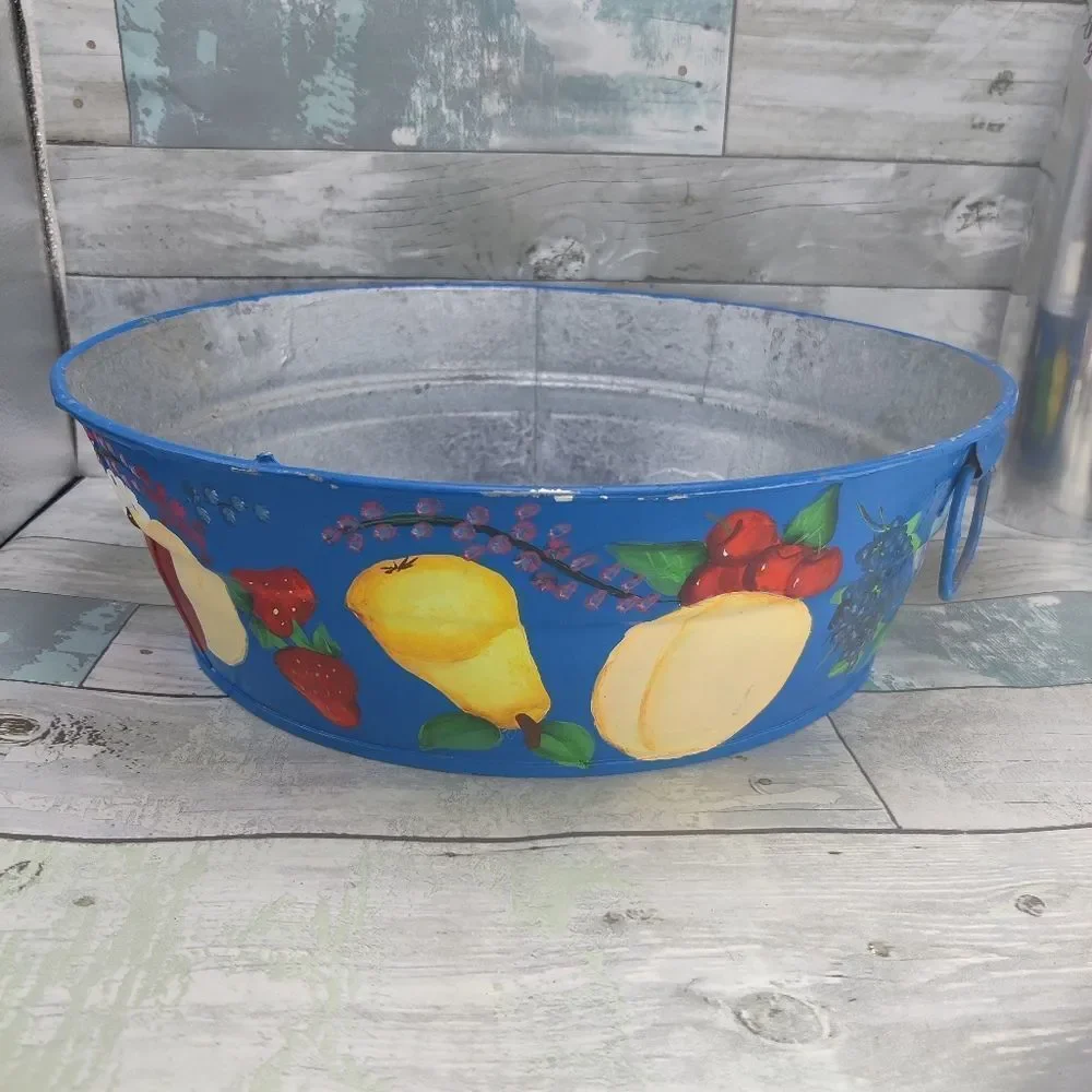 VINTAGE HAND Painted Galvanized Metal Tub Colorful Fruits on Blue